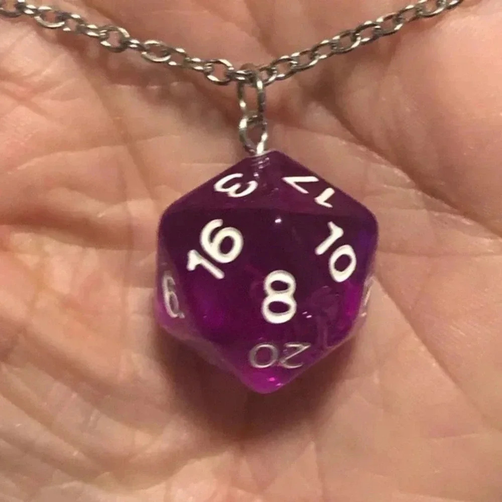 Purple 20 Sided Die D&D Dungeons and Dragons Stainless Steel Necklace